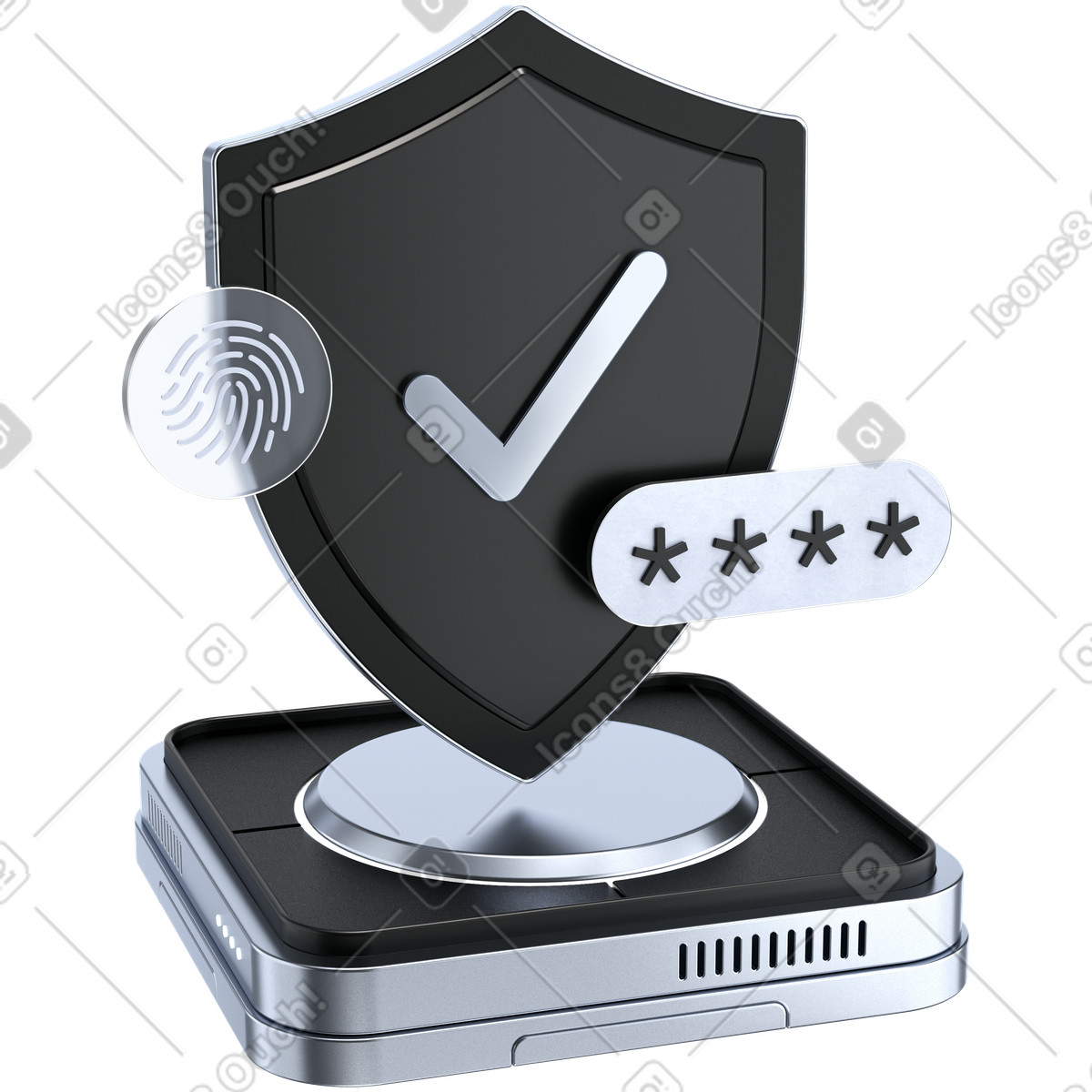 3D Pro スタイルの Shield cybersecurity protection with checkmark password and fingerprint authentication symbol のイラストをPNG、SVG形式でダウンロード