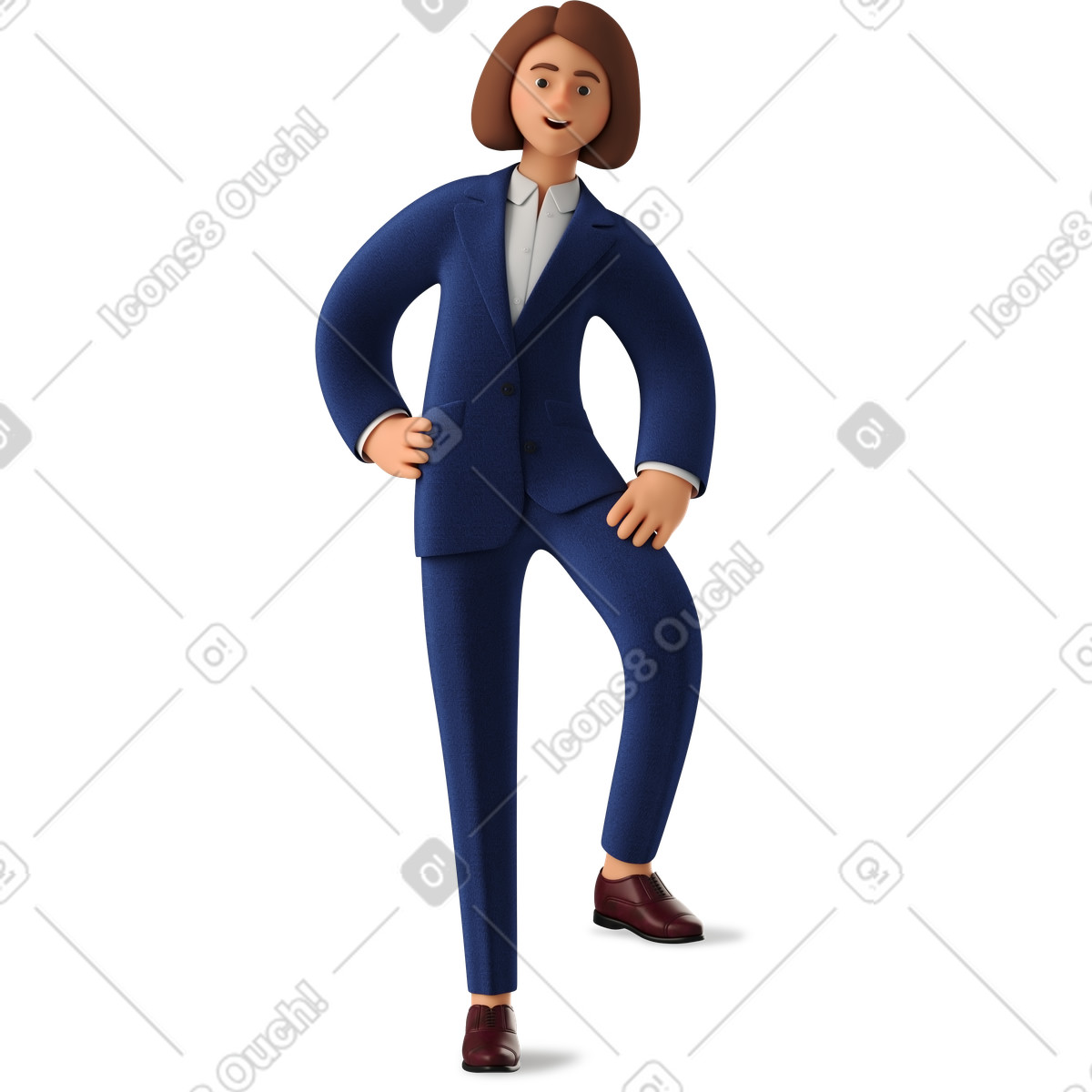Businesswoman in blue suit leaning with one leg illustration 3D Business style download PNG, SVG