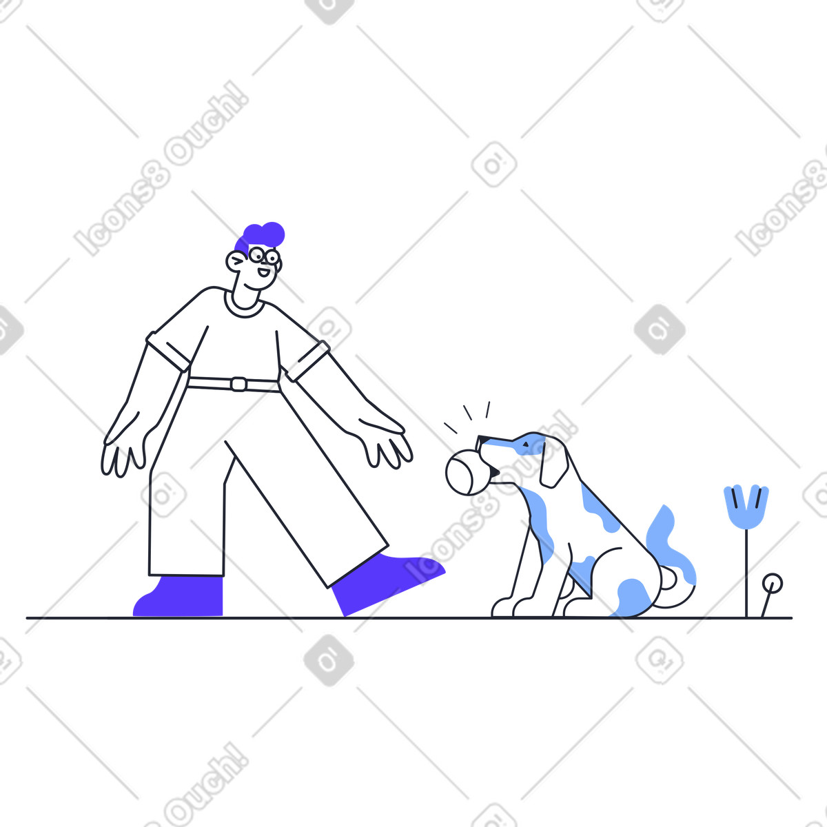 Man with a naughty dog refusing to give ball back illustration in Pablita style download in PNG, SVG