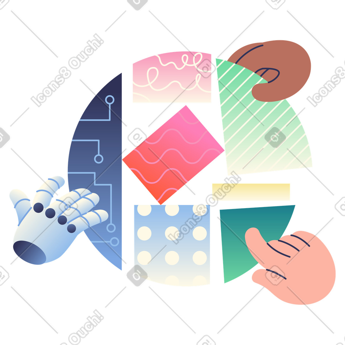 Human and robotic hands collaborating on a pie chart, Co-creation, Teamwork  illustration in PNG, SVG