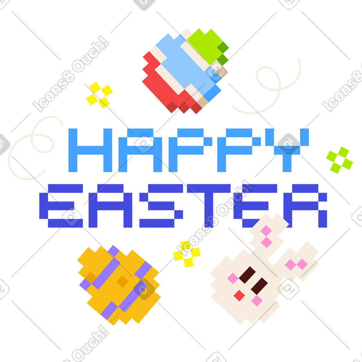 Lettering Happy Easter with eggs, bunny and stars text illustration in 8bit style download in PNG, SVG