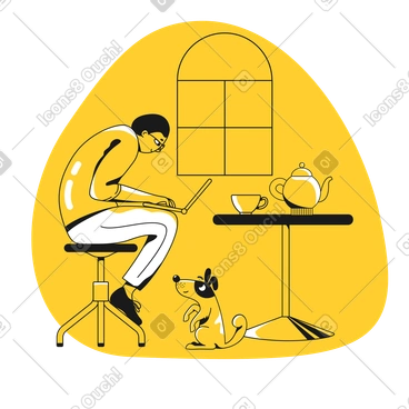 Hunched man studying online at home PNG, SVG