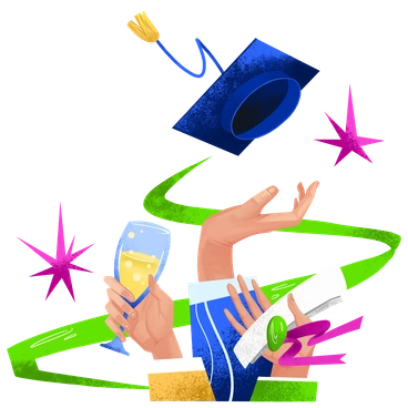 Hands celebrating with a diploma and drink - Flare style illustration