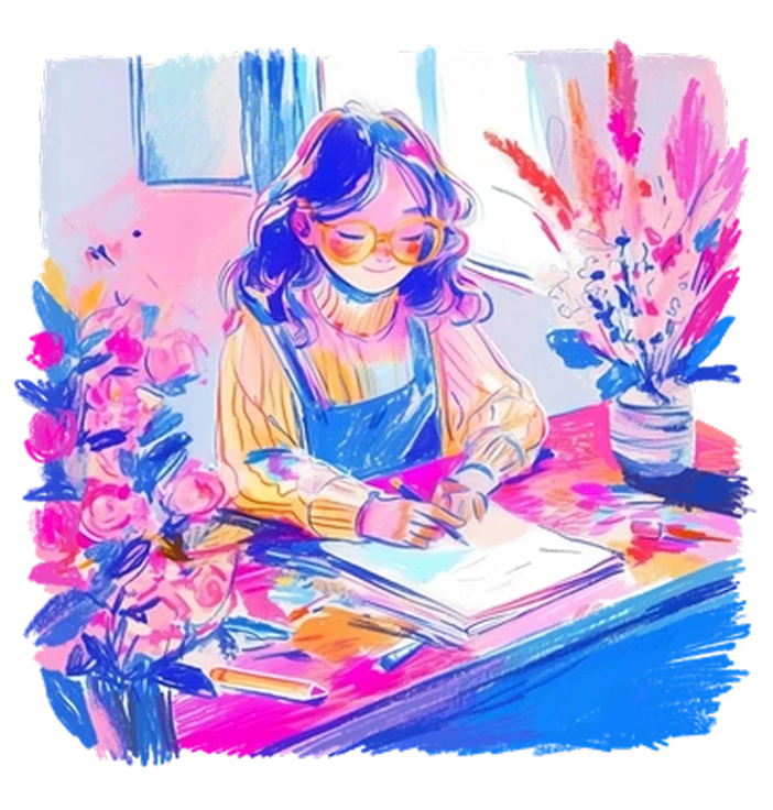 A girl drawing at a colorful desk - Fuchsia style illustration