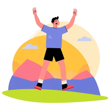 A person dressed in a bright blue shirt and black shorts is performing jumping jacks on a grassy hill. The sky is filled with warm hues of orange and purple as the sun sets in the distance. Silhouettes of distant mountains can be seen against the colorful sky. The person's arms are raised high while their legs are spread apart, capturing the motion of the exercise. A few fluffy clouds drift across the horizon, adding texture to the sunset scene.