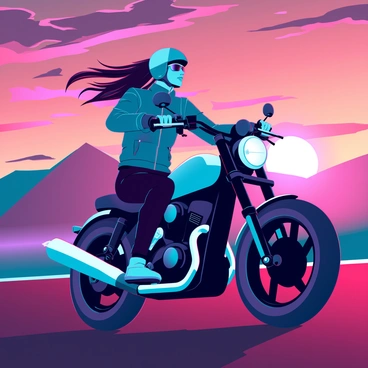 A biker wearing a leather jacket and a helmet is riding a powerful motorcycle. The sunset is vibrant, filled with hues of orange, pink, and purple, creating a dramatic sky. The sun is low on the horizon, casting a warm glow over the landscape. The reflection of the sun's rays gleams off the biker's dark sunglasses, highlighting the intensity of the moment. The biker's hair flows in the wind as they confidently navigate the open road, surrounded by silhouetted mountains in the background.
