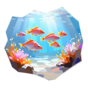 A school of small red fish swimming gracefully in a clear blue ocean. The fish are darting in unison, their scales reflecting light as they move through the water. Sunlight filters down from the surface, creating shimmering patterns on the sandy ocean floor below. Surrounding the fish, there are patches of coral and swaying seaweed, adding vibrant colors to the underwater scene. The water is crystal clear, allowing for a view of the aquatic life in the background.
