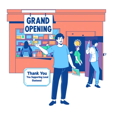 A blue small business owner stands in front of a vibrant orange storefront, displaying various colorful products through the large glass windows. The owner has a bright smile and is gesturing towards a "Grand Opening" sign hanging above the entrance. Inside the store, shelves are neatly organized with an assortment of items, while a few customers browse, creating a lively atmosphere. In the owner's hand, there is a small teal sign that reads "Thank You for Supporting Local Business."