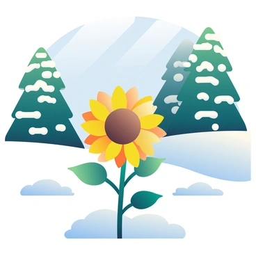 A single bright yellow sunflower is blooming prominently in the foreground of a snowy landscape. The sunflower's petals are vivid and well-defined, standing out against the stark white snow that blankets the ground. Surrounding the sunflower are patches of green leaves, contrasting sharply with the snow. In the background, tall evergreen trees coated with a thick layer of snow rise against a clear blue sky. The sunlight casts soft shadows, enhancing the details of the sunflower and the pristine snow.