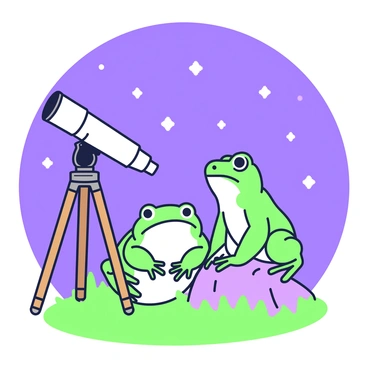 A frog and a toad are sitting side by side on a grassy patch under a clear night sky. The frog has smooth, bright green skin and is perched on a small rock, while the toad has rough, darker skin and sits comfortably next to it. Both are looking up at the stars, with their eyes wide and filled with wonder. In front of them, there is a small telescope mounted on a wooden tripod, aimed towards the sky. The telescope is sleek and metallic, with a few adjustments visible. The stars above are shining brightly against the deep blue canvas of the night, creating a beautiful backdrop for the scene.