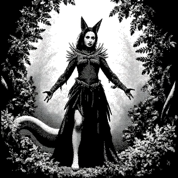 A vastayan character with distinct animal features is standing in a dynamic pose, showcasing their connection to nature-based magic. They have pointed ears, sharp eyes, and a long, flowing tail. Their clothing is woven from leaves and vines, blending them with the environment. The lush foliage surrounds them, filled with various plants, ferns, and flowers in intricate patterns. Light filters through the leaves, creating a natural frame around the character, highlighting their magical aura. "Nature's power" is depicted as gentle swirls of energy emanating from their hands, harmonizing with the surrounding greenery.