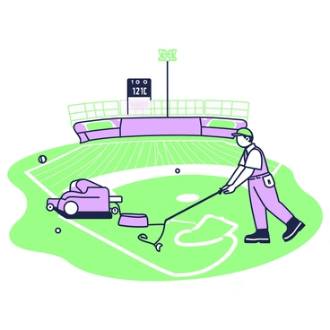 A groundskeeper is diligently mowing the grass of a baseball field. He is wearing a green cap and a work uniform, with sturdy boots. The baseball field is perfectly shaped, featuring white chalk lines outlining the diamond and bases. The grass is freshly cut, showcasing a pattern of alternating stripes across the field. In the background, there are bleachers filled with empty seats, and a scoreboard stands tall, displaying numbers. A few scattered baseballs lie on the ground near the pitcher's mound. The sun shines down, casting sharp shadows across the well-maintained field.