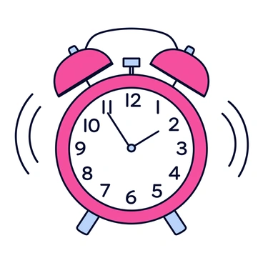 A classic round alarm clock in a bright red color. The clock face displays bold black numbers and has two metallic bells on top, which appear to be shaking. Surrounding the clock are animated sound waves radiating outward in curved lines, suggesting a ringing sound. The clock is set on a simple wooden nightstand.