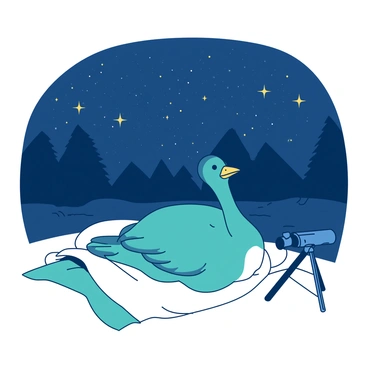 A teal Feathers McGraw is lying comfortably on a white blanket spread across the ground. The blanket is slightly wrinkled, and a small telescope is positioned nearby, pointing up at the vast night sky. Feathers McGraw is gazing up intently, with his beak slightly open as if in awe of the shimmering stars above. The stars are twinkling brightly against the dark backdrop, illuminating the scene with a magical glow. The surrounding area is quiet, with the faint outlines of distant trees visible in the background.
