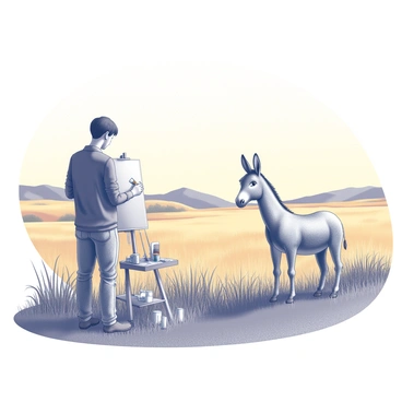 An artist stands in the foreground, focused on a canvas set on an easel. The artist is holding a paintbrush, and there are various paint tubes and brushes scattered around. In the background, a picturesque landscape unfolds, showcasing a vast field with tall, waving grass. The field has a golden hue, suggesting a warm, sunny day. In the midst of this field, a donkey stands, its ears perked up and body facing towards the viewer. The donkey is detailed, with a textured coat and expressive eyes, providing a focal point in the vibrant scene. The sky above is clear, complementing the warm tones of the landscape.