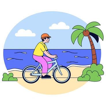 A cyclist with a bright orange helmet is riding a light blue bicycle along a sandy beachside path. The cyclist has a relaxed posture, with one hand on the handlebars and a smile on their face. The path is lined with greenery and palm trees swaying gently in the breeze. In the background, the ocean glistens under the sun, with small waves lapping at the shore. The sky is clear and blue, with a few fluffy white clouds scattered across it.
