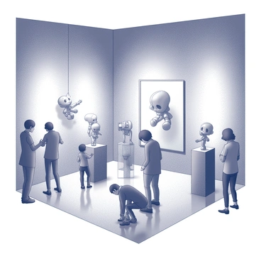 An art gallery space features various gacha figures displayed in creative arrangements. The walls are adorned with dim lighting that highlights the intricate details of the figures. Some figures are positioned on pedestals, while others are suspended from the ceiling, creating a dynamic layout. Visitors are scattered throughout the gallery, some leaning in closely to examine the figures, while others are engaged in conversation. The gallery has a polished floor that reflects the displays, adding depth to the scene.