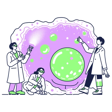 A group of scientists is exploring a cavernous landscape resembling a lysosome. They are wearing lab coats and safety goggles. One scientist is using a flashlight to illuminate the intricate structures around them. The cavern walls are textured and contain various shapes, resembling cellular components. In the center, there is a large, circular structure that resembles a membrane, surrounded by smaller organelles resembling rocks. Some scientists are taking notes while others are examining the features with tools. The atmosphere is filled with curiosity and excitement as they uncover the details of this unique cellular environment.