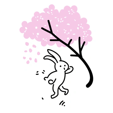 A white rabbit with long ears is captured mid-jump beneath a cherry blossom tree. The tree is full of delicate pink blossoms, with petals gently falling toward the ground. The rabbit's fur is smooth and bright against the vibrant pink of the flowers. The scene is set in a tranquil garden, with some grass visible at the base of the tree.