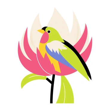 A colorful bird perched on a vibrant King Protea flower. The bird's feathers display a mix of bright colors, including greens and blues. The King Protea has large, spiky pink and white petals, creating a striking contrast with the bird. The petals form a protective embrace around the bird, highlighting both the beauty of the flower and the bird. Green leaves surround the flower, adding to the lush, tropical atmosphere of the scene.