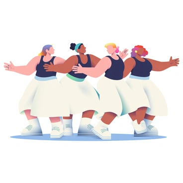 A group of five dancers with varied backgrounds is performing in synchronized movements. They are dressed in matching outfits consisting of black tank tops and flowing white skirts. The dancers are arranged in a semi-circle, their arms extended gracefully as they connect through the choreography. Each dancer has a different hairstyle, including a bun, loose waves, and straight hair, adding diversity to the group. The floor beneath them is a polished wooden surface that reflects their movements. The lighting highlights the dancers, creating a dynamic scene filled with energy and rhythm.