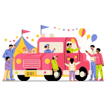 A vibrant carnival scene filled with colorful tents and cheerful decorations. In the center, there is a brick-themed truck designed as a ride for children. The truck features large, exaggerated brick patterns in shades of red and brown, making it look playful and inviting. Surrounding the truck, children are eagerly waiting in line, some giggling and pointing at the fun ride. Bright balloons float above the carnival, and a few parents can be seen watching with smiles on their faces. The atmosphere is lively, filled with the sounds of laughter and the distant tunes of carnival music.