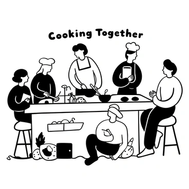 A group of students gathered around a large kitchen island, engaged in a cooking class. Some students are chopping vegetables, while others are stirring pots on the stove. Ingredients like fresh herbs, colorful vegetables, and cooking utensils are spread out on the counter. One student is reading a cookbook, while another is measuring ingredients with a scale. A bowl of dough is resting on the side, and there are various dishes prepared on the counter, showcasing a variety of cuisines. The words "Cooking Together" are written above the scene.