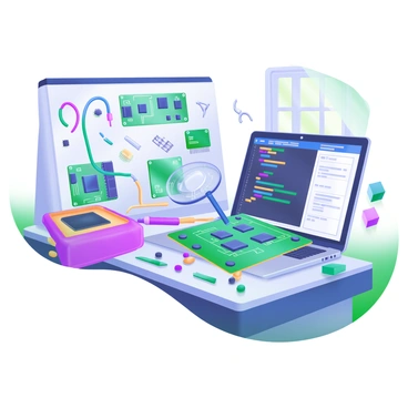 A modern pastel illustration of a laboratory desk filled with various circuit boards and tiny computer chips. The desk is cluttered with tools such as a magnifying glass, tweezers, and a multimeter. There are colorful wires organized neatly alongside the components. An open laptop is visible, displaying a code editor with lines of programming text. Natural light filters in through a window, illuminating the scene and highlighting the intricate details of the electronic components.