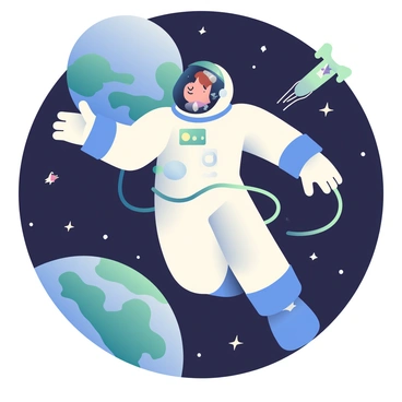 An astronaut wearing a white space suit with blue accents is floating in the vastness of space. The helmet reflects stars and the blackness of the universe. The astronaut's right hand is outstretched towards a distant planet that has swirling clouds in shades of blue and green. Behind the astronaut, there are numerous stars scattered across the deep space, creating a sense of depth. The astronaut's tether is visible, connecting them to a small spacecraft in the background.