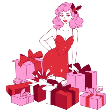 A pink pinup girl is wearing a vibrant red festive holiday dress adorned with white snowflakes. She is playfully posing with one hand on her hip and a bright smile on her face. Around her, there are several wrapped presents in various sizes, covered in shiny red and white paper with large bows on top. The gifts are scattered on the floor, creating a joyful atmosphere. The girl's hair is styled in classic curls, and she has a festive accessory in her hair that resembles a small holly sprig.
