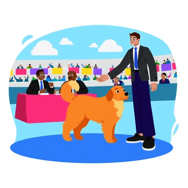 A handler wearing a smart, tailored outfit is presenting a well-groomed dog to judges in a competitive arena setting. The dog, a fluffy golden retriever, is standing proudly on a blue carpet with its tail held high. The arena is filled with colorful banners and enthusiastic spectators in the background. The judges, seated at a table, are attentively observing the dog. Bright lights illuminate the scene, highlighting the dog's shiny coat and the handler's focused expression.