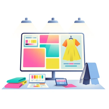 An AI tool with a sleek, modern interface is displayed on a high-resolution screen. The tool shows a vibrant color palette featuring bright shades of fuchsia, turquoise, and sunny yellow. Surrounding the screen are various fabric swatches in these colors, laid out neatly on a light wooden table. Nearby, there are sketches of clothing designs showcasing the selected colors, including a flowing dress and tailored pants. A small digital tablet displaying color codes rests beside the AI tool, indicating a fusion of technology and fashion. Bright overhead lights illuminate the workspace, highlighting the vivid colors and textures.