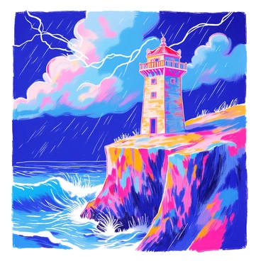 A sturdy watchtower made of weathered stone stands tall on the edge of a steep cliff. The tower has sturdy wooden beams and narrow windows, showcasing its strength against the elements. Dark storm clouds gather in the sky above, and bolts of lightning streak dramatically across the sky, illuminating the scene. Rain pours heavily, creating splashes on the rocky ground below the cliff. The ocean waves crash violently against the base of the cliff, adding to the intensity of the storm. The overall atmosphere conveys a sense of resilience in the face of nature's fury.