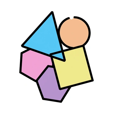 An arrangement of six geometric shapes, including a blue triangle, a red circle, a yellow square, a green pentagon, a purple hexagon, and an orange octagon. The shapes are overlapping each other, creating a dynamic composition. The background consists of a gradient of vibrant colors, blending shades of pink, blue, and yellow seamlessly. The shapes are evenly distributed throughout the image, showcasing their distinct colors and forms against the colorful backdrop.