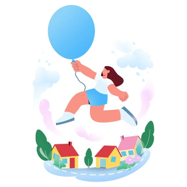 A girl named Amy is holding onto a large blue balloon. She is floating above a vibrant town with houses painted in various bright colors. Below her, the rooftops of the houses are adorned with red, yellow, and green shades. The streets of the town are lively, with small trees and blooming flowers lining the pathways. The sky is filled with fluffy white clouds, creating a cheerful atmosphere.