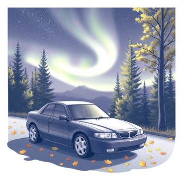 A car parked under a sky illuminated by the northern lights in a fall setting