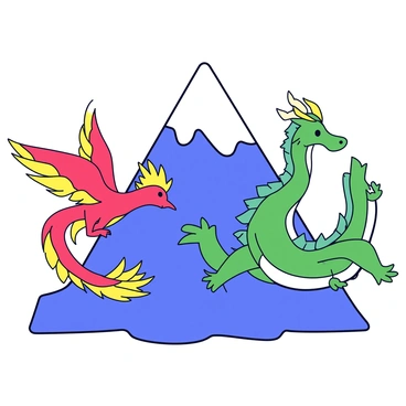 A majestic phoenix with vibrant red and gold feathers soars gracefully through the air. It spirals around a towering mountain peak that is dusted with white snow at the top. The dragon, with shimmering emerald scales and large, outstretched wings, curls around the same peak, showcasing its powerful presence. The scene captures the dynamic movement of both creatures as they dance around the mountain, creating an awe-inspiring display of their contrasting colors and forms against the rocky landscape.