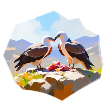 A pair of California condors with dark feathers and distinctive white wing markings are perched on a grassy hilltop, engaged in sharing a meal. One condor is tearing at a piece of meat while the other stands close by, watching attentively. The hilltop is adorned with lush green grass and a few scattered wildflowers. In the background, the landscape stretches out with a mix of rolling hills and a clear blue sky. The sunlight casts soft shadows on the ground, highlighting the majestic wings of the condors.