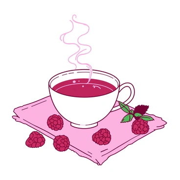 A white steaming cup of raspberry herbal tea is placed on a light-colored wooden table. The tea's surface is a rich hue, reflecting the vibrant color of the raspberries. Fresh raspberries are scattered around the cup, with some resting directly on the table and others partially submerged in the tea, creating an inviting scene. A few mint leaves add a touch of green to the composition, enhancing the freshness of the image. The steam rising from the cup is delicately curling upwards, suggesting the warmth of the tea.