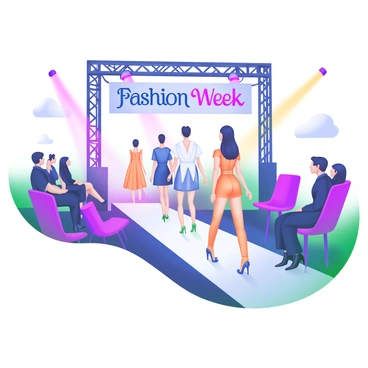 A modern pastel illustration depicting a fashion runway show filled with models walking down the catwalk. Each model is wearing "avant-garde outfits" characterized by unique and creative designs. The runway is lined with stylish, trendy audience members seated in elegant chairs, all gazing up. Surrounding the runway are bright, colorful lights, casting a dynamic ambiance across the scene. A large banner hangs above the runway displaying the words "Fashion Week" in bold, elegant script.