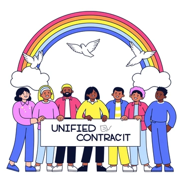 A vibrant rainbow arching across the sky. Below, a diverse group of people stand together, smiling as they release white doves into the air. Each person has a unique outfit representing different cultures. In the foreground, a white banner is held by two individuals, with the text "Unified by Contract" written in bold letters. The scene captures a sense of celebration and togetherness.