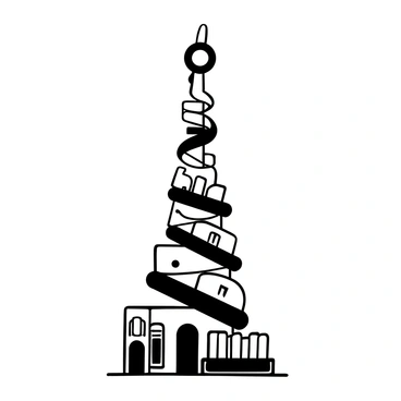 A tall tower constructed from stacked toothbrushes, with each toothbrush arranged vertically and showing various designs on the handles. The tower has a spiraling structure, with some toothbrushes slightly angled to create a dynamic appearance. The base of the tower is wide and sturdy, with several toothbrushes forming a strong foundation. The toothbrush bristles of each piece are all facing outward, adding texture and dimension to the overall structure. There is a solid surface beneath the tower to provide stability.