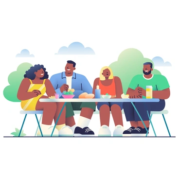 A diverse group of friends is sitting together at a picnic table, sharing a meal during their journey as "Freedom Riders." There are four friends: a woman with curly dark hair wearing a yellow sundress, a man with short black hair in a blue button-up shirt, a woman with straight blonde hair in a red tank top, and a man with a beard wearing a green t-shirt. The table is filled with various dishes, including a bowl of salad, a loaf of bread, and a pitcher of lemonade. In the background, there are green trees and a clear blue sky, suggesting a warm, sunny day. Each friend is smiling and engaged in conversation, creating a lively and friendly atmosphere.