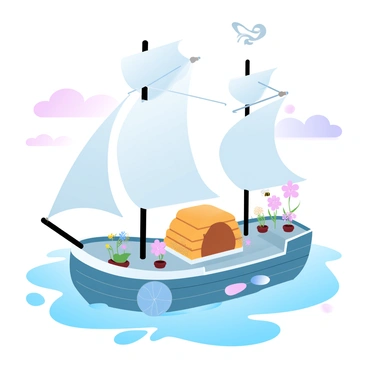 A bee hive is situated on the deck of a sailing ship, surrounded by various tools and equipment used for navigation. The ship has billowing sails catching the wind, guiding it through the expansive open seas. The ocean waves create gentle ripples around the vessel. The hive is buzzing with bees, who are collecting nectar and pollen from small, vibrant flowers growing in pots around the ship. The sky above features soft gradient pastel colors transitioning from blue to pink at the horizon.