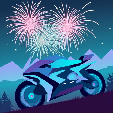A sleek, modern moto-bike parked on a grassy hill, positioned at an angle to showcase its streamlined design. The bike is painted in a glossy metallic blue with silver accents reflecting the light of nearby fireworks. Above, a vibrant fireworks display is erupting in a multitude of colors—bright reds, greens, and yellows—illuminating the night sky with bursts of light and intricate patterns. The scenery around the bike includes silhouettes of distant mountains and trees, all under a starlit sky that enhances the festive atmosphere.