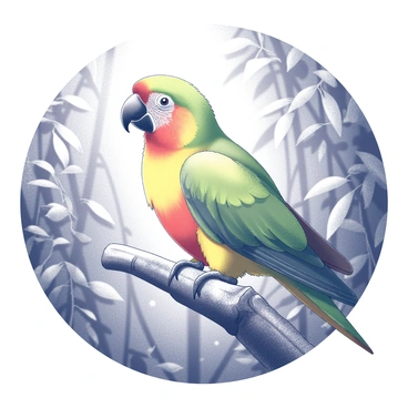 A parrot sitting on a wooden perch. The parrot has vibrant feathers that include shades of green, yellow, and red. The perch is a sturdy branch with rough texture. The background features dense forest foliage with various types of leaves and branches, creating a natural setting. Light filters through the canopy, casting subtle shadows on the perch and the bird.