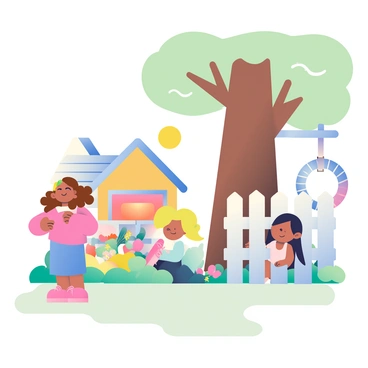A group of three children is playing "hide and seek" in a cozy backyard. One child, a girl with curly brown hair, is counting with her eyes closed, standing near a large tree with a thick trunk. The other two children, a boy with blonde hair and a girl with straight black hair, are looking for hiding spots. The boy is crouched behind a colorful flower bed filled with blooming flowers in shades of pink and yellow. The girl is peeking from behind a wooden fence painted white. In the background, there is a small playhouse made of wood, and a tire swing hanging from a branch. The sun is shining brightly, casting soft shadows on the grass.