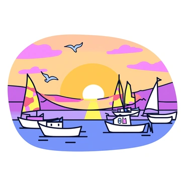 A harbor scene with several boats anchored at the docks. The boats are various sizes, with some having colorful sails. The sky is filled with shades of orange, pink, and purple as the sun sets on the horizon. The water reflects the colors of the sunset, creating a warm glow. A few seagulls are flying overhead, adding life to the scene. There are gentle ripples on the water's surface, enhancing the tranquil atmosphere.