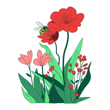 A yellow bee is gently landing on a vibrant red flower with large, delicate petals. The flower stands tall among a variety of green plants in a lush meadow. Surrounding the flower, there are clusters of smaller blooms in different shapes and colors. The bee is hovering close to the flower, its wings glistening in the sunlight as it prepares to collect nectar. The scene conveys a sense of bustling life in the meadow filled with diverse flora.