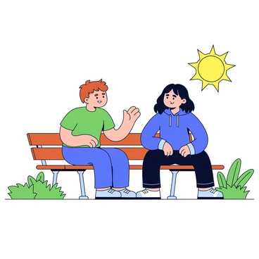 Two friends are sitting on a wooden park bench. One friend, with short brown hair and wearing a green t-shirt, is animatedly speaking with hand gestures. The other friend, with long black hair and wearing a blue hoodie, is listening attentively, facing the speaker with a focused expression. Surrounding them are green grass and a few scattered trees, creating a peaceful park atmosphere. The sun shines brightly above, casting soft shadows on the ground.
